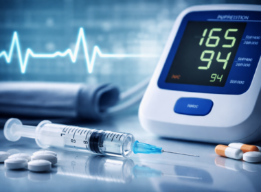 Representative image of a blood pressure monitor and injectable therapy concept, illustrating Kardigan’s tonlamarsen Phase 2 hypertension study and its post-hospital acute severe hypertension strategy.