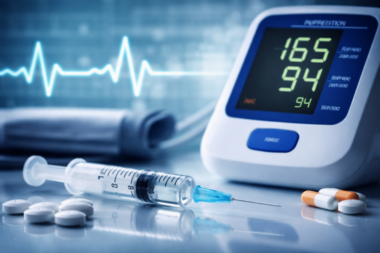 Representative image of a blood pressure monitor and injectable therapy concept, illustrating Kardigan’s tonlamarsen Phase 2 hypertension study and its post-hospital acute severe hypertension strategy.
