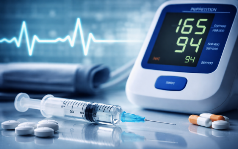 Representative image of a blood pressure monitor and injectable therapy concept, illustrating Kardigan’s tonlamarsen Phase 2 hypertension study and its post-hospital acute severe hypertension strategy.