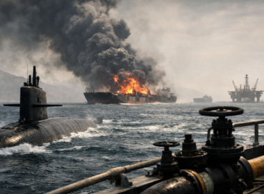 Representative image of a burning oil tanker and naval activity in the Strait of Hormuz as the waterway remains shut for a fifth day amid escalating United States–Iran conflict, disrupting global oil and LNG supply chains and pushing crude prices higher.