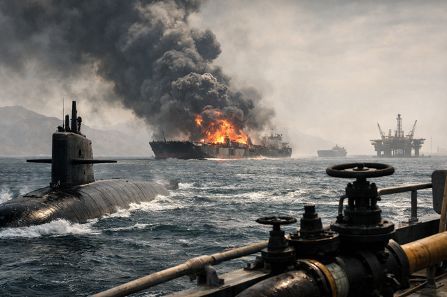 Representative image of a burning oil tanker and naval activity in the Strait of Hormuz as the waterway remains shut for a fifth day amid escalating United States–Iran conflict, disrupting global oil and LNG supply chains and pushing crude prices higher.