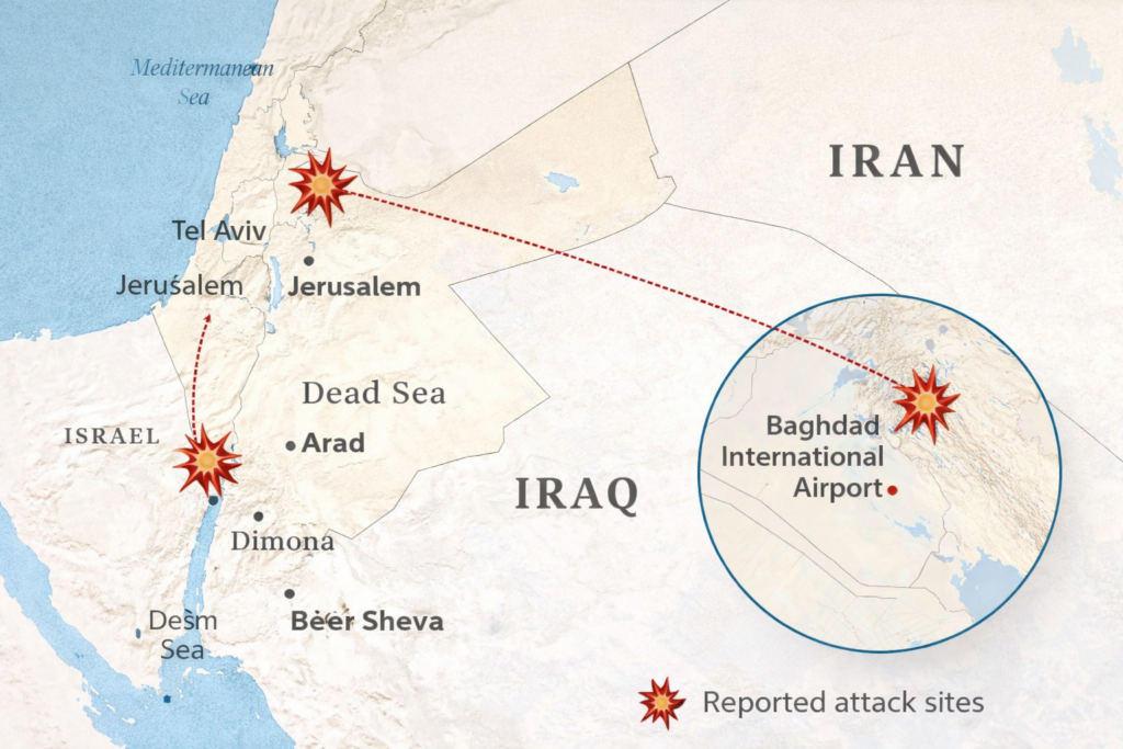 Representative image showing a map of central Israel and Baghdad airport region amid Iran missile and drone strikes on day 23 of the escalating Israel–Iran conflict.