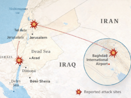 Representative image showing a map of central Israel and Baghdad airport region amid Iran missile and drone strikes on day 23 of the escalating Israel–Iran conflict.