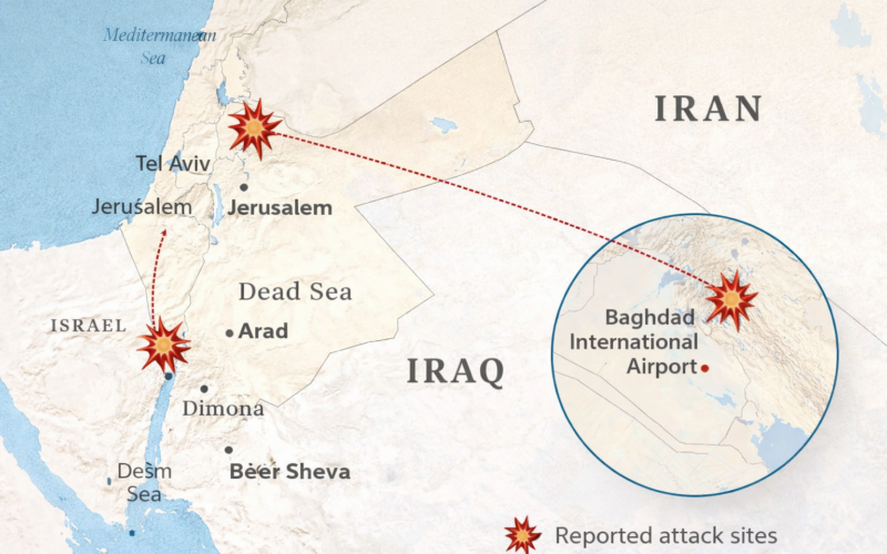 Representative image showing a map of central Israel and Baghdad airport region amid Iran missile and drone strikes on day 23 of the escalating Israel–Iran conflict.