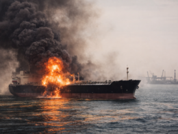 Representative image: A commercial oil tanker burns after a massive explosion near Kuwait’s Mubarak Al-Kabeer port, highlighting escalating maritime security risks in the Persian Gulf as the United States–Israel–Iran conflict expands into key global oil shipping routes.