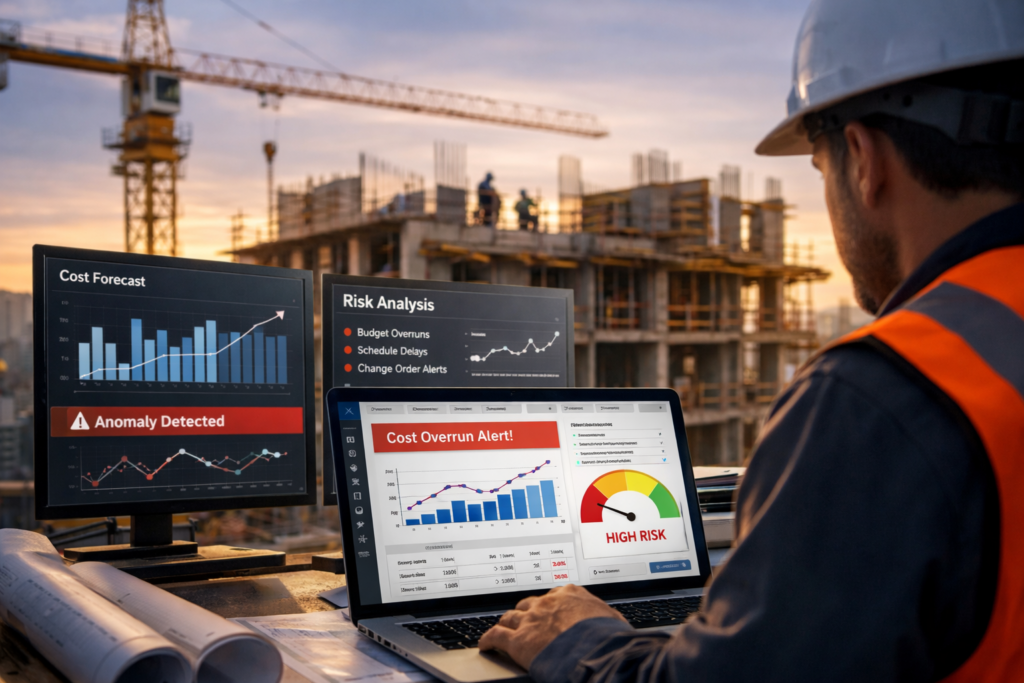 Representative image of a construction project manager using AI-driven risk analysis, cost forecasting, and anomaly detection tools as Acumatica 2026 R1 expands construction ERP capabilities to help contractors spot margin pressure earlier.