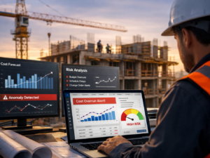Representative image of a construction project manager using AI-driven risk analysis, cost forecasting, and anomaly detection tools as Acumatica 2026 R1 expands construction ERP capabilities to help contractors spot margin pressure earlier.