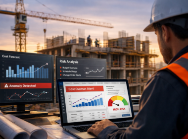 Representative image of a construction project manager using AI-driven risk analysis, cost forecasting, and anomaly detection tools as Acumatica 2026 R1 expands construction ERP capabilities to help contractors spot margin pressure earlier.