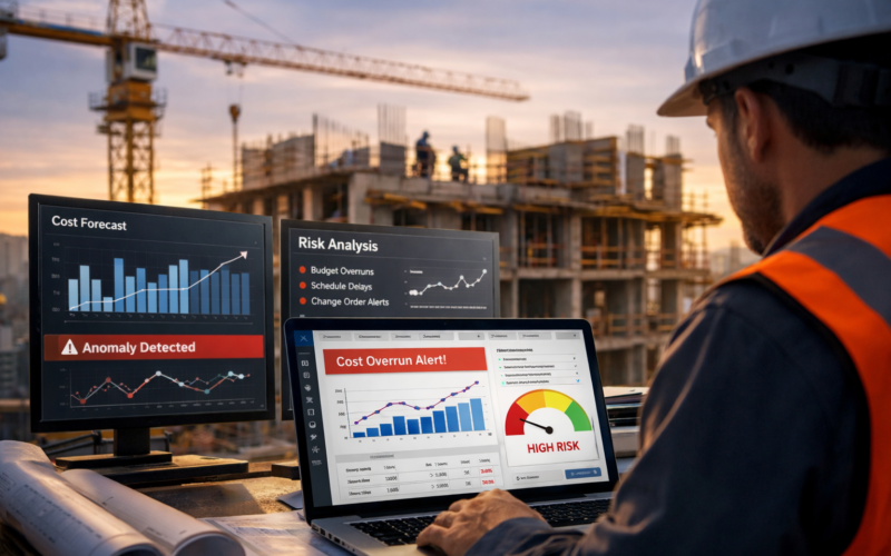 Representative image of a construction project manager using AI-driven risk analysis, cost forecasting, and anomaly detection tools as Acumatica 2026 R1 expands construction ERP capabilities to help contractors spot margin pressure earlier.
