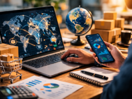 Representative image of a cross-border e-commerce workspace showing digital payments, global trade analytics, and online seller operations, reflecting the Payoneer–FundPark partnership aimed at expanding AI-driven credit access for global e-commerce businesses.