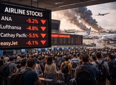 Representative image of crowded airport terminals and falling airline stock indicators as Asia and Europe airline stocks extend losses amid escalating United States–Israel conflict with Iran, fuel price spikes, and widespread Middle East flight disruptions.