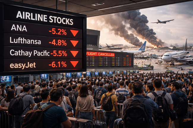 Representative image of crowded airport terminals and falling airline stock indicators as Asia and Europe airline stocks extend losses amid escalating United States–Israel conflict with Iran, fuel price spikes, and widespread Middle East flight disruptions.