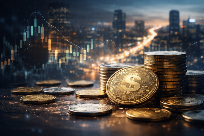 Representative image of digital dollar tokens symbolizing SoFi Technologies and Mastercard’s move to enable SoFiUSD stablecoin settlement across Mastercard’s global payments network, highlighting the growing integration of regulated stablecoins into mainstream financial infrastructure.