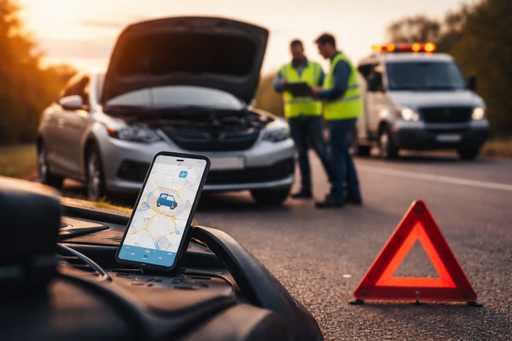 Representative image of a digitally dispatched roadside assistance response, illustrating how Agero’s planned acquisition of Urgently (NASDAQ: ULY) could expand AI-driven mobility services across automotive, fleet, and insurance markets.