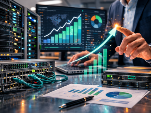 Representative image of enterprise data center infrastructure and networking hardware illustrating Hewlett Packard Enterprise’s fiscal 2026 growth momentum, as strong networking revenue following the Juniper Networks acquisition drives higher earnings, improved free cash flow, and renewed investor focus on HPE’s evolving AI and infrastructure strategy.