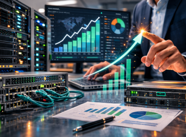 Representative image of enterprise data center infrastructure and networking hardware illustrating Hewlett Packard Enterprise’s fiscal 2026 growth momentum, as strong networking revenue following the Juniper Networks acquisition drives higher earnings, improved free cash flow, and renewed investor focus on HPE’s evolving AI and infrastructure strategy.