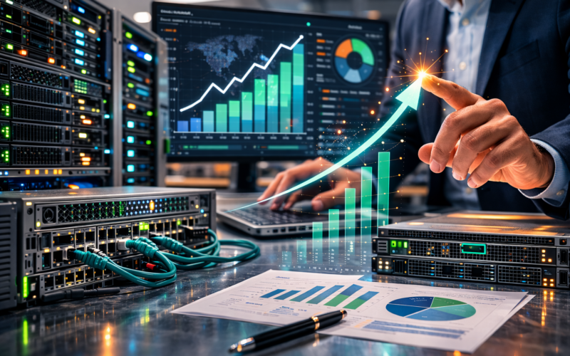Representative image of enterprise data center infrastructure and networking hardware illustrating Hewlett Packard Enterprise’s fiscal 2026 growth momentum, as strong networking revenue following the Juniper Networks acquisition drives higher earnings, improved free cash flow, and renewed investor focus on HPE’s evolving AI and infrastructure strategy.
