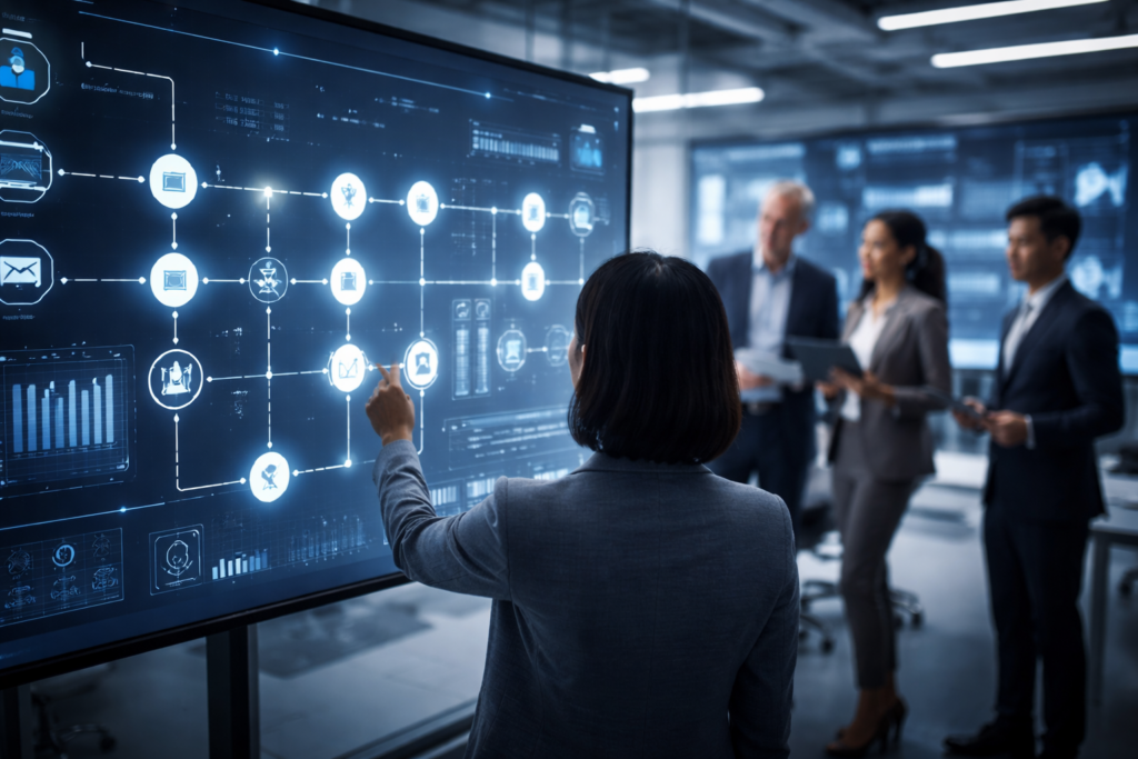 Representative image of enterprise teams interacting with AI workflow dashboards as companies adopt structured artificial intelligence systems like Mindbreeze Insight Touchpoints and Insight Journeys to standardize enterprise AI workflows and governed decision-making.