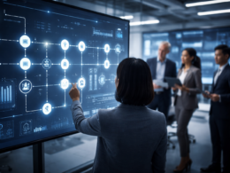 Representative image of enterprise teams interacting with AI workflow dashboards as companies adopt structured artificial intelligence systems like Mindbreeze Insight Touchpoints and Insight Journeys to standardize enterprise AI workflows and governed decision-making.
