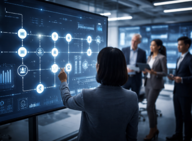 Representative image of enterprise teams interacting with AI workflow dashboards as companies adopt structured artificial intelligence systems like Mindbreeze Insight Touchpoints and Insight Journeys to standardize enterprise AI workflows and governed decision-making.