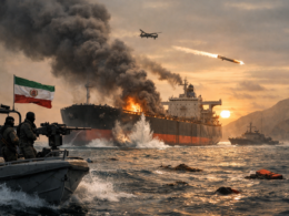 Representative image of escalating tensions in the Strait of Hormuz as six nations demand Iran end attacks on commercial shipping and reopen the critical global oil transit route.