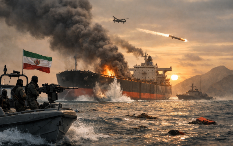 Representative image of escalating tensions in the Strait of Hormuz as six nations demand Iran end attacks on commercial shipping and reopen the critical global oil transit route.