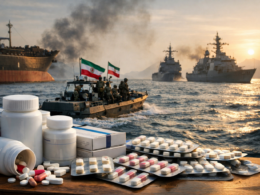 Representative image showing generic medicines and maritime shipping activity, reflecting how the Strait of Hormuz standoff is raising risks to global supply chains for antibiotics, diabetes drugs, and blood pressure medicines.