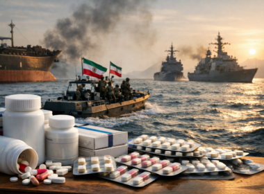 Representative image showing generic medicines and maritime shipping activity, reflecting how the Strait of Hormuz standoff is raising risks to global supply chains for antibiotics, diabetes drugs, and blood pressure medicines.