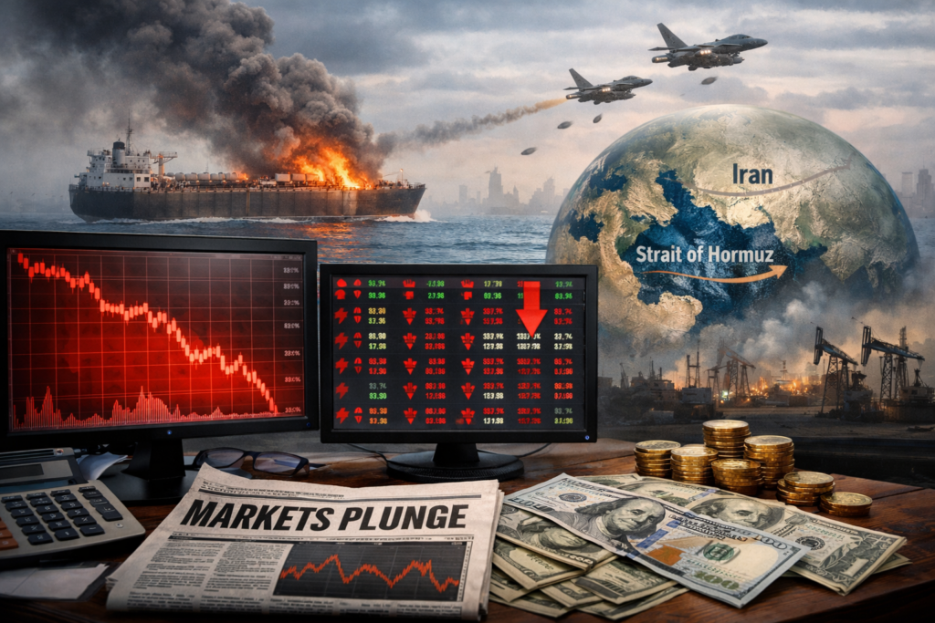 Representative image illustrating global financial market volatility as equities fall and the United States dollar strengthens amid escalating United States–Israel military operations against Iran and rising risks to oil shipments through the Strait of Hormuz.