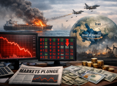 Representative image illustrating global financial market volatility as equities fall and the United States dollar strengthens amid escalating United States–Israel military operations against Iran and rising risks to oil shipments through the Strait of Hormuz.