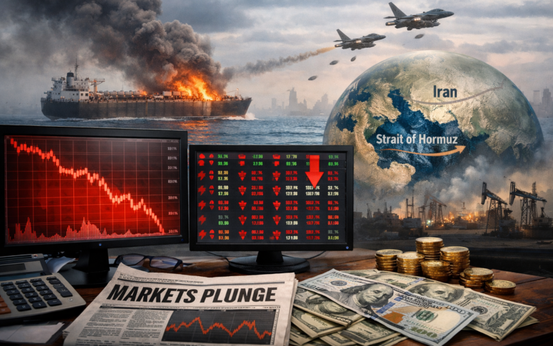 Representative image illustrating global financial market volatility as equities fall and the United States dollar strengthens amid escalating United States–Israel military operations against Iran and rising risks to oil shipments through the Strait of Hormuz.