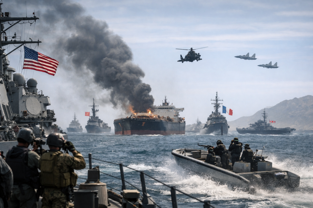 Representative image illustrating heightened naval patrols and tanker security concerns in the Strait of Hormuz after United States President Donald Trump urged oil-importing nations to share responsibility for protecting the critical global shipping corridor.