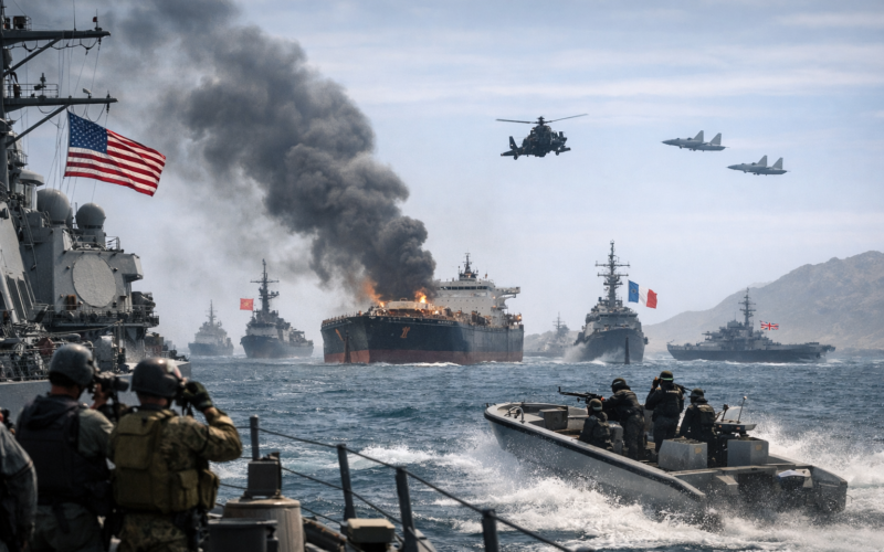 Representative image illustrating heightened naval patrols and tanker security concerns in the Strait of Hormuz after United States President Donald Trump urged oil-importing nations to share responsibility for protecting the critical global shipping corridor.