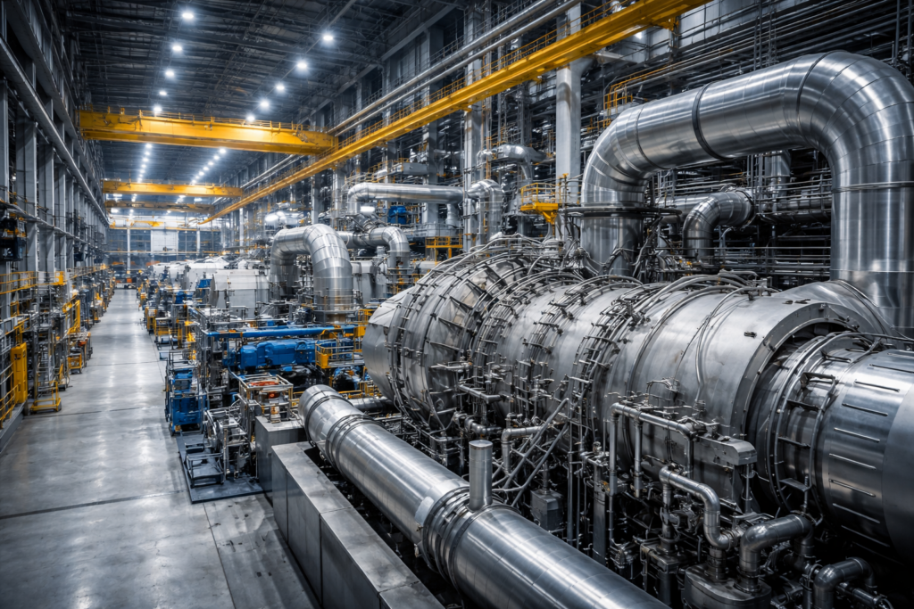 Representative image of a large-scale gas turbine power plant showing industrial compressors and turbine infrastructure, reflecting Hanwha Power’s integrated energy solutions strategy targeting global power generation and data center demand.