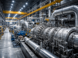 Representative image of a large-scale gas turbine power plant showing industrial compressors and turbine infrastructure, reflecting Hanwha Power’s integrated energy solutions strategy targeting global power generation and data center demand.