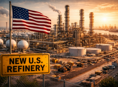 Representative image of a large-scale oil refinery complex under development at a U.S. coastal energy hub, illustrating the proposed America First Refining project at the Port of Brownsville, Texas, which aims to become the first new crude oil refinery built in the United States in nearly 50 years and reshape domestic refining capacity for American light shale oil.