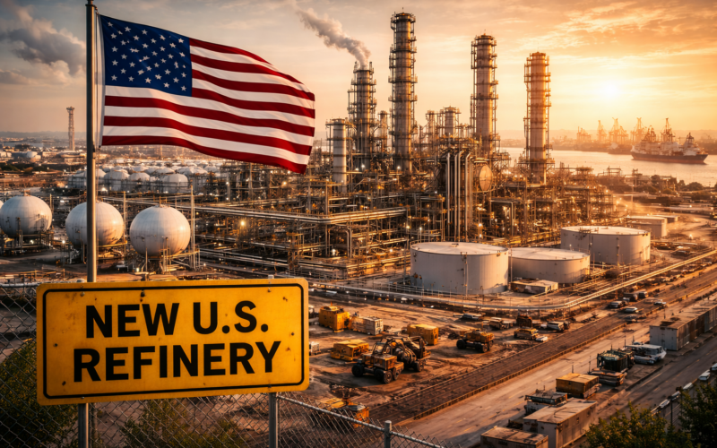 Representative image of a large-scale oil refinery complex under development at a U.S. coastal energy hub, illustrating the proposed America First Refining project at the Port of Brownsville, Texas, which aims to become the first new crude oil refinery built in the United States in nearly 50 years and reshape domestic refining capacity for American light shale oil.