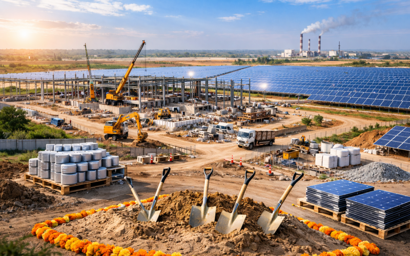 Representative image illustrating a large-scale solar manufacturing facility under construction, reflecting Waaree Energies Limited’s planned 10 GW integrated ingot and wafer plant at Butibori, Nagpur, as India accelerates domestic solar manufacturing ahead of ALMM policy deadlines.