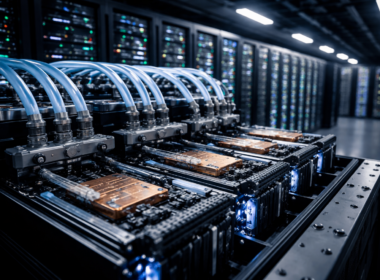 Representative image of liquid-cooled AI server hardware inside a hyperscale data center, illustrating the type of direct-to-chip cooling infrastructure being developed through the Flex and Broadcom collaboration to support next-generation AI XPUs and high-density artificial intelligence workloads.