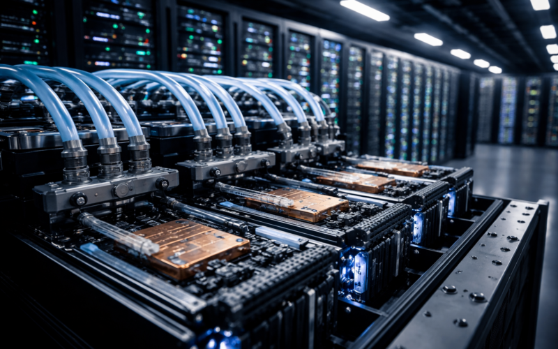 Representative image of liquid-cooled AI server hardware inside a hyperscale data center, illustrating the type of direct-to-chip cooling infrastructure being developed through the Flex and Broadcom collaboration to support next-generation AI XPUs and high-density artificial intelligence workloads.