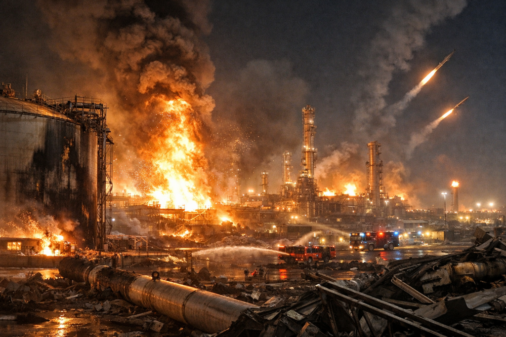 Representative image of missile strikes hitting Ras Laffan Industrial City in Qatar, showing fires and damage at the world’s largest LNG export terminal after Iran’s attack, highlighting escalating Middle East energy security risks.