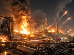 Representative image of missile strikes hitting Ras Laffan Industrial City in Qatar, showing fires and damage at the world’s largest LNG export terminal after Iran’s attack, highlighting escalating Middle East energy security risks.