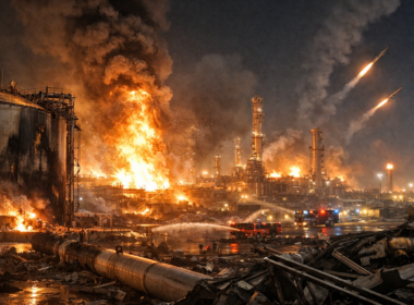 Representative image of missile strikes hitting Ras Laffan Industrial City in Qatar, showing fires and damage at the world’s largest LNG export terminal after Iran’s attack, highlighting escalating Middle East energy security risks.