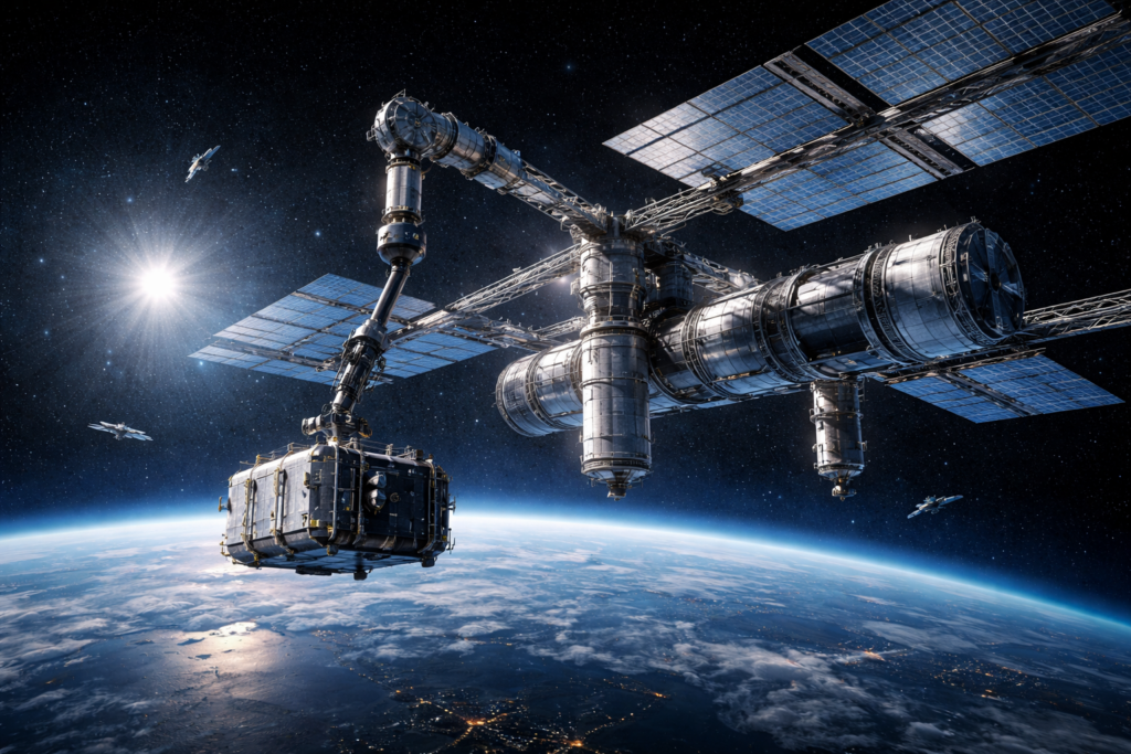 Representative image of a modular orbital payload hosting platform in low Earth orbit, illustrating how Symphony Space’s Adagio space-as-a-service model could reshape payload deployment, reusable satellite infrastructure, and the future of commercial space operations.