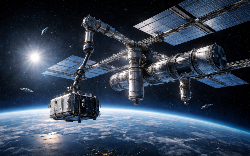 Representative image of a modular orbital payload hosting platform in low Earth orbit, illustrating how Symphony Space’s Adagio space-as-a-service model could reshape payload deployment, reusable satellite infrastructure, and the future of commercial space operations.
