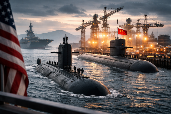 Representative image of nuclear submarines in a strategic naval shipyard, illustrating growing United States–China naval competition as Pentagon officials warn that China’s submarine production surge could reshape Pacific military balance and challenge United States dominance by 2040.