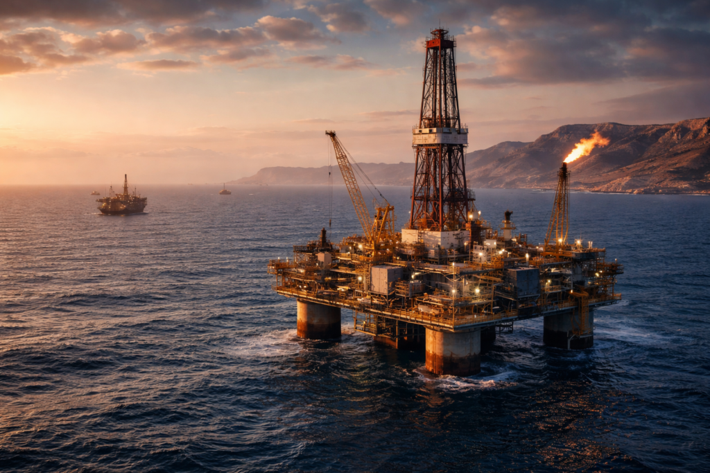 Representative image of an offshore gas platform in the Mediterranean Sea, reflecting the type of infrastructure associated with Eni’s new Libya gas discoveries exceeding 1 trillion cubic feet near the Bahr Essalam field.