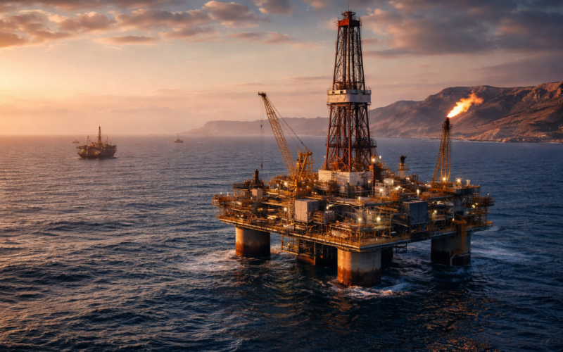Representative image of an offshore gas platform in the Mediterranean Sea, reflecting the type of infrastructure associated with Eni’s new Libya gas discoveries exceeding 1 trillion cubic feet near the Bahr Essalam field.