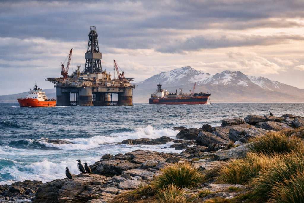 Representative image of offshore oil exploration activity in the North Falkland Basin, highlighting the strategic region where Eco (Atlantic) Oil and Gas Ltd is acquiring JHI Associates to secure a 35% stake in the PL001 licence adjacent to the Sea Lion oil field operated by Navitas Petroleum.