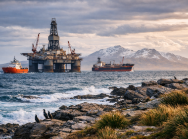 Representative image of offshore oil exploration activity in the North Falkland Basin, highlighting the strategic region where Eco (Atlantic) Oil and Gas Ltd is acquiring JHI Associates to secure a 35% stake in the PL001 licence adjacent to the Sea Lion oil field operated by Navitas Petroleum.